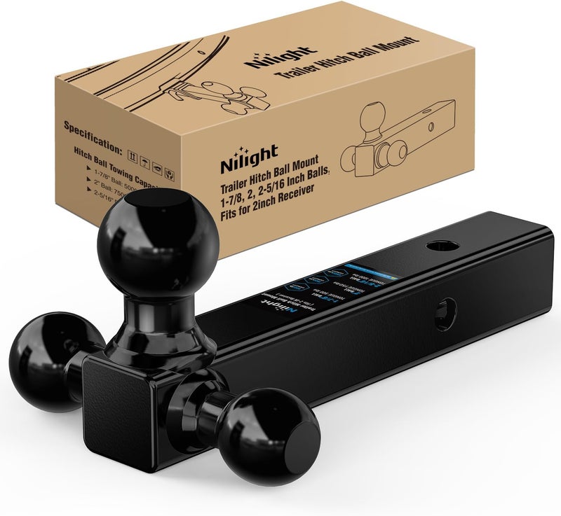 Nilight Trailer Hitch Ball Mount, 1-7/8 Inch, 2 Inch, 2-5/16 Inch Balls, Fits 2 Inch Square Receiver, 10,000 lbs - Image 1